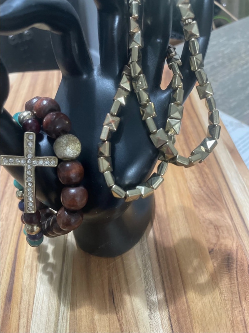 Gold-Tone Pyramid Bead Bracelet Set with Cross Accent - Women's Jewelry